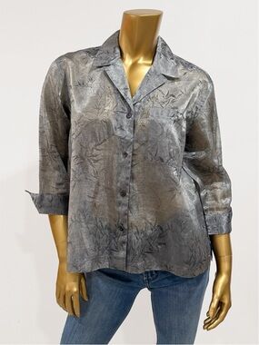 Chico's Women's Gray Metallic Floral Print 3/4 Sleeve Sheer Blouse Size 1 - M